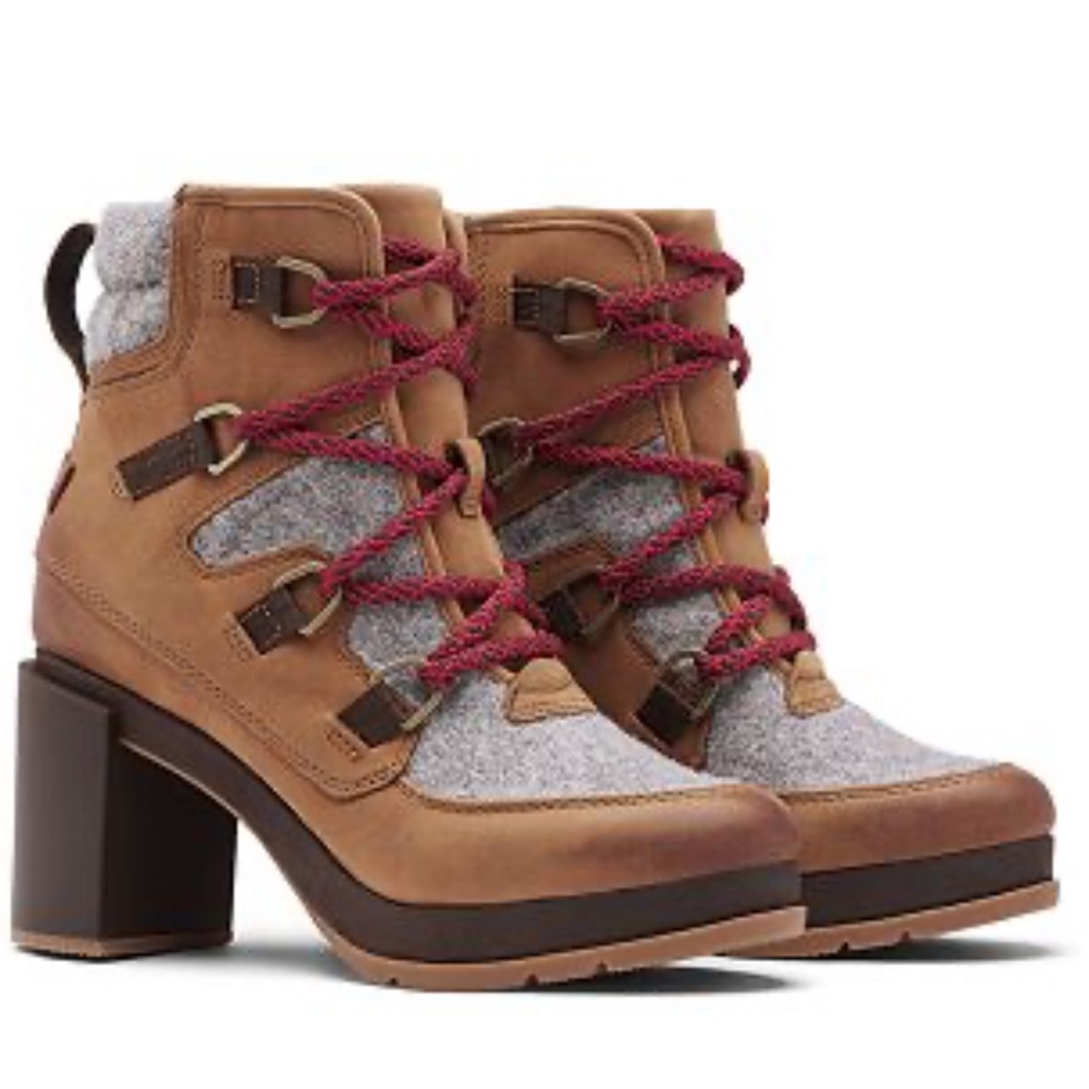 Sorel Blake High Heel Lace Up Boot, size 7, Tan/Grey